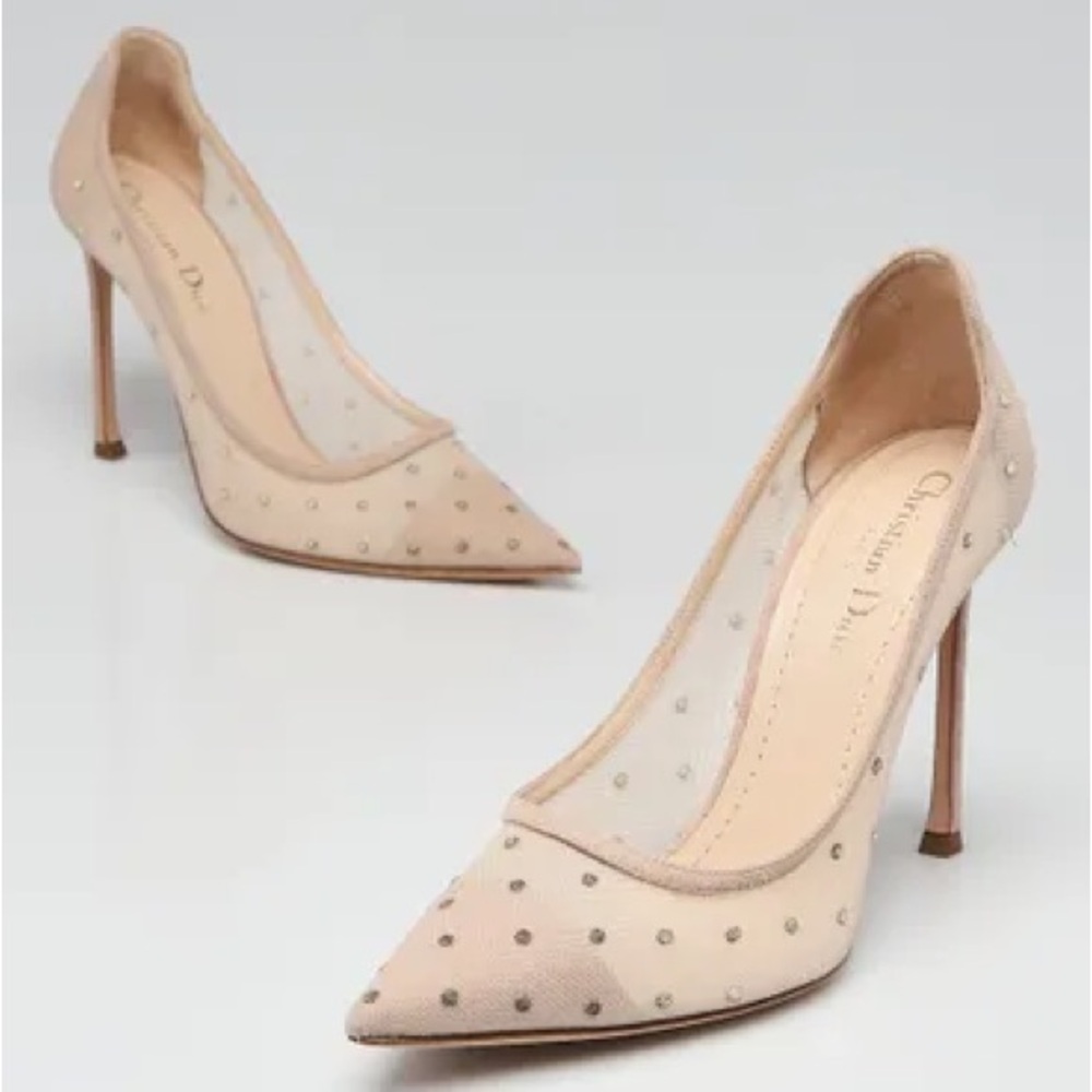 Christian Dior D-Moi Polka Dot Mesh Pumps In Beige Tulle Heels Pumps
